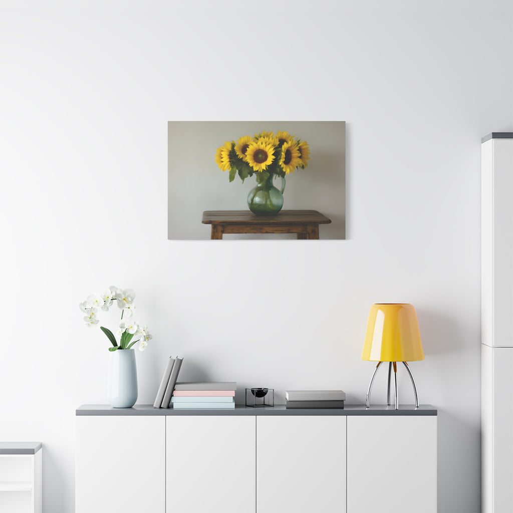Zonnebloemen in een groene kruik als wanddecoratie - Gespannen canvas 