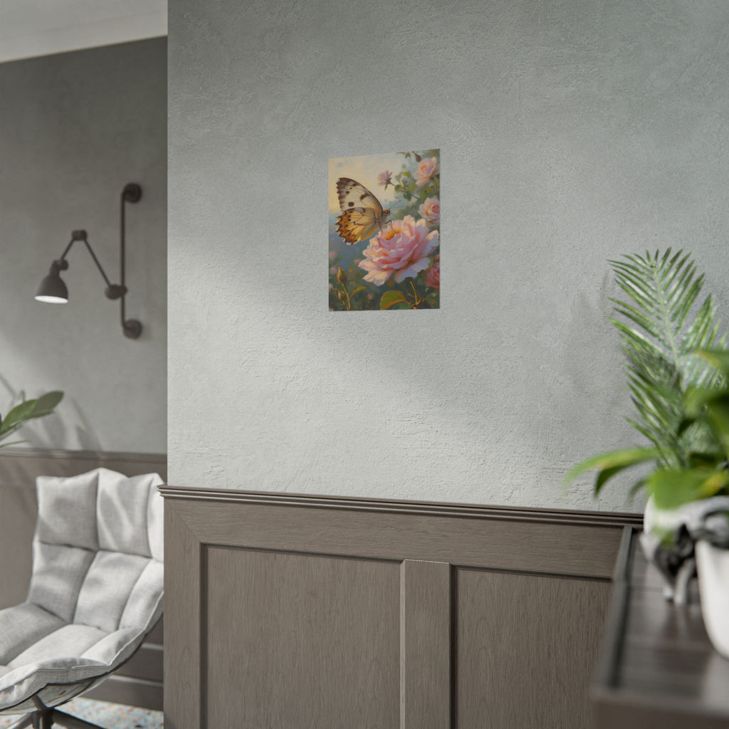 Wandbild mit Schmetterling auf rosa Rose - Poster 