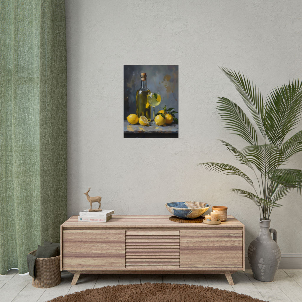 Limoncello with lemons Still Life Rolled Poster – Citrus Bottle Art Print