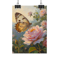 Wandbild mit Schmetterling auf rosa Rose - Poster 