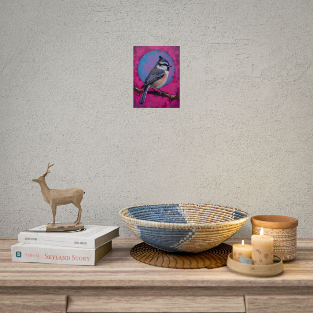 Kleurrijke Zangvogel Poster — Blauwe Gaai Kunstprint op Levendige Roze Achtergrond