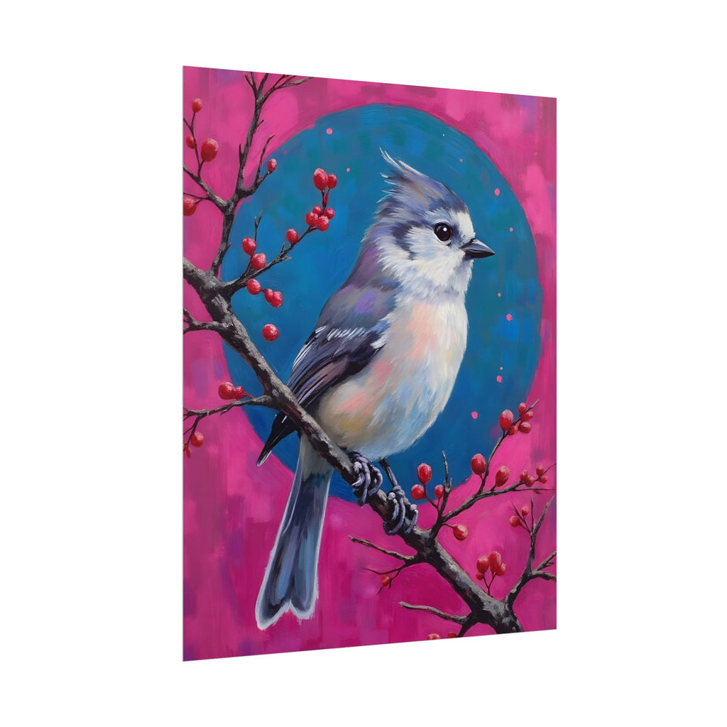 Kunstposter „Blauhäher“ – Lebendige Vogelillustration auf rosa-türkisfarbenem Hintergrund