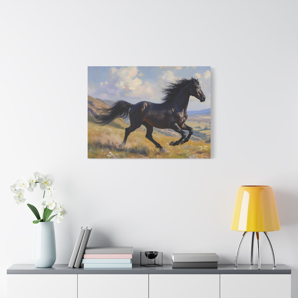 Muurdecoratie met een rennende zwarte hengst - Paardenschilderij - Gespannen canvas 
