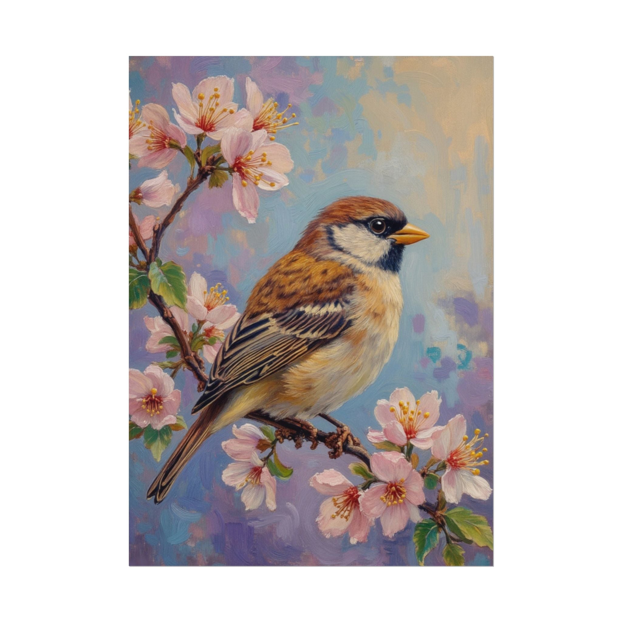 Bird on Blossom Rolled Poster — Spring Sparrow on Branch Wall Art Print