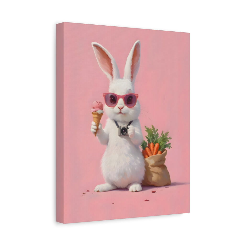 Pink Cute Bunny Canvas Wall Art — Cool Rabbit with Sunglasses, Ice Cream & Carrots (Matte Stretched)