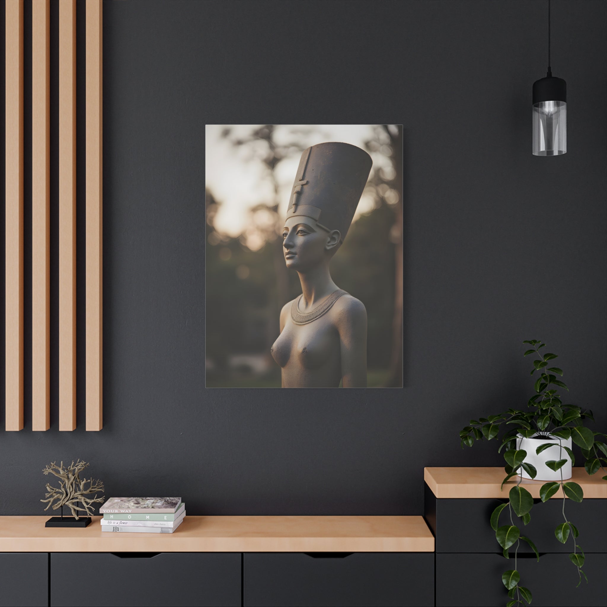 Bronzen standbeeld van Nefertiti als wanddecoratie - Egyptische beeldhouwkunst - Fotografie - Koningin van Egypte - Opgespannen canvas 