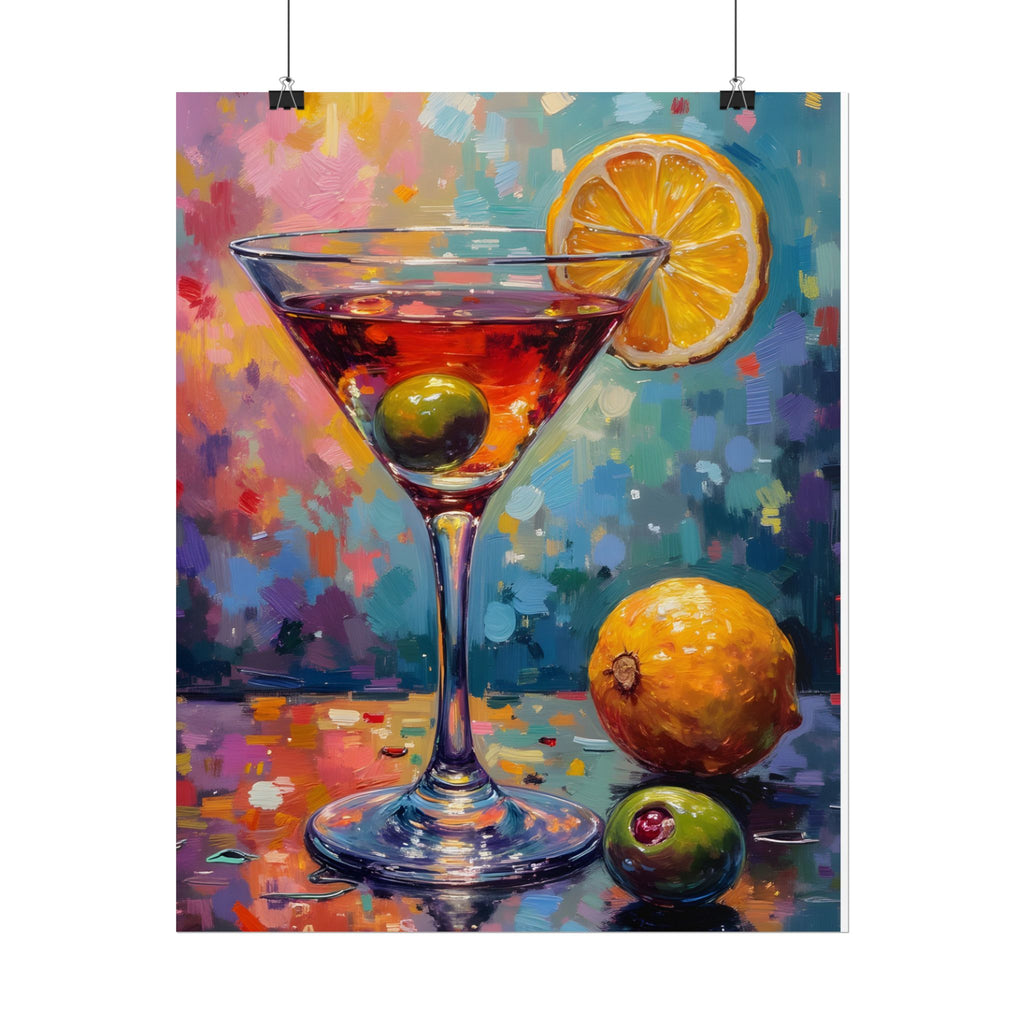 Buntes Martiniglas mit Zitrone und Olive – Wandbild/Poster 