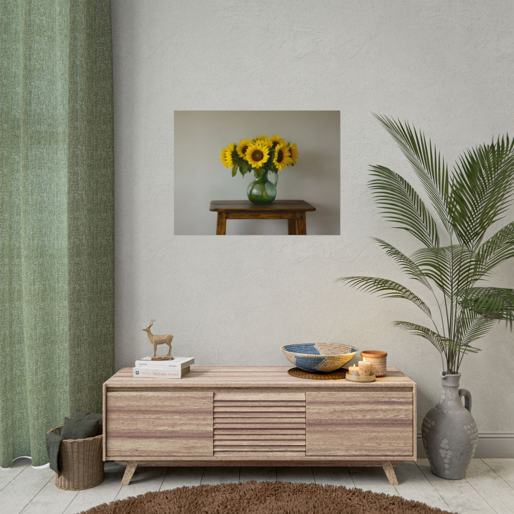 Zonnebloemen in een groene kruik - Muurdecoratie - Poster 