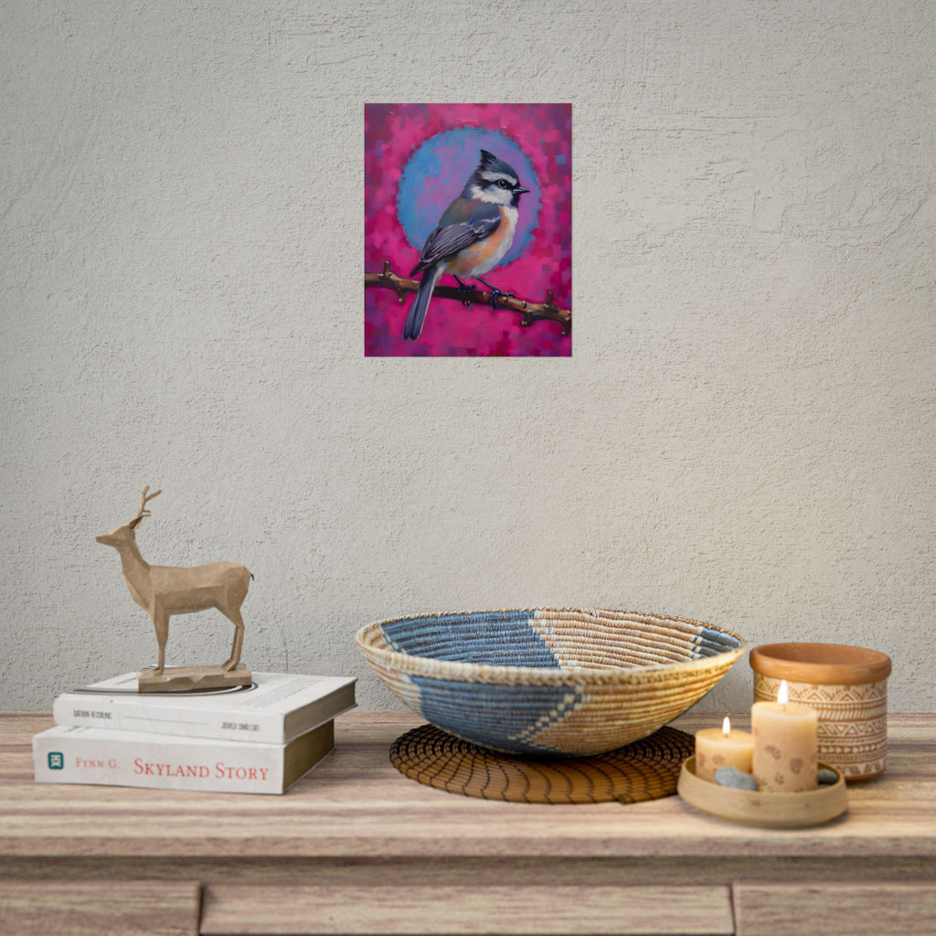 Kleurrijke Zangvogel Poster — Blauwe Gaai Kunstprint op Levendige Roze Achtergrond