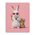 Pink Cute Bunny Canvas Wall Art — Cool Rabbit with Sunglasses, Ice Cream & Carrots (Matte Stretched)
