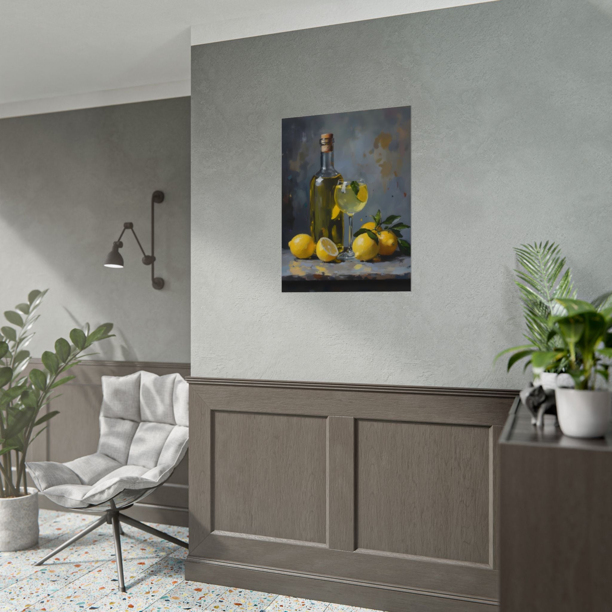 Limoncello with lemons Still Life Rolled Poster – Citrus Bottle Art Print