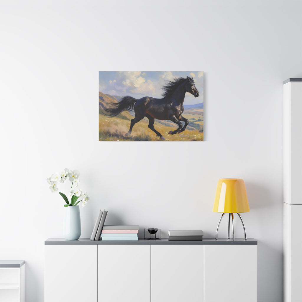Muurdecoratie met een rennende zwarte hengst - Paardenschilderij - Gespannen canvas 