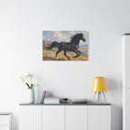 Muurdecoratie met een rennende zwarte hengst - Paardenschilderij - Gespannen canvas 