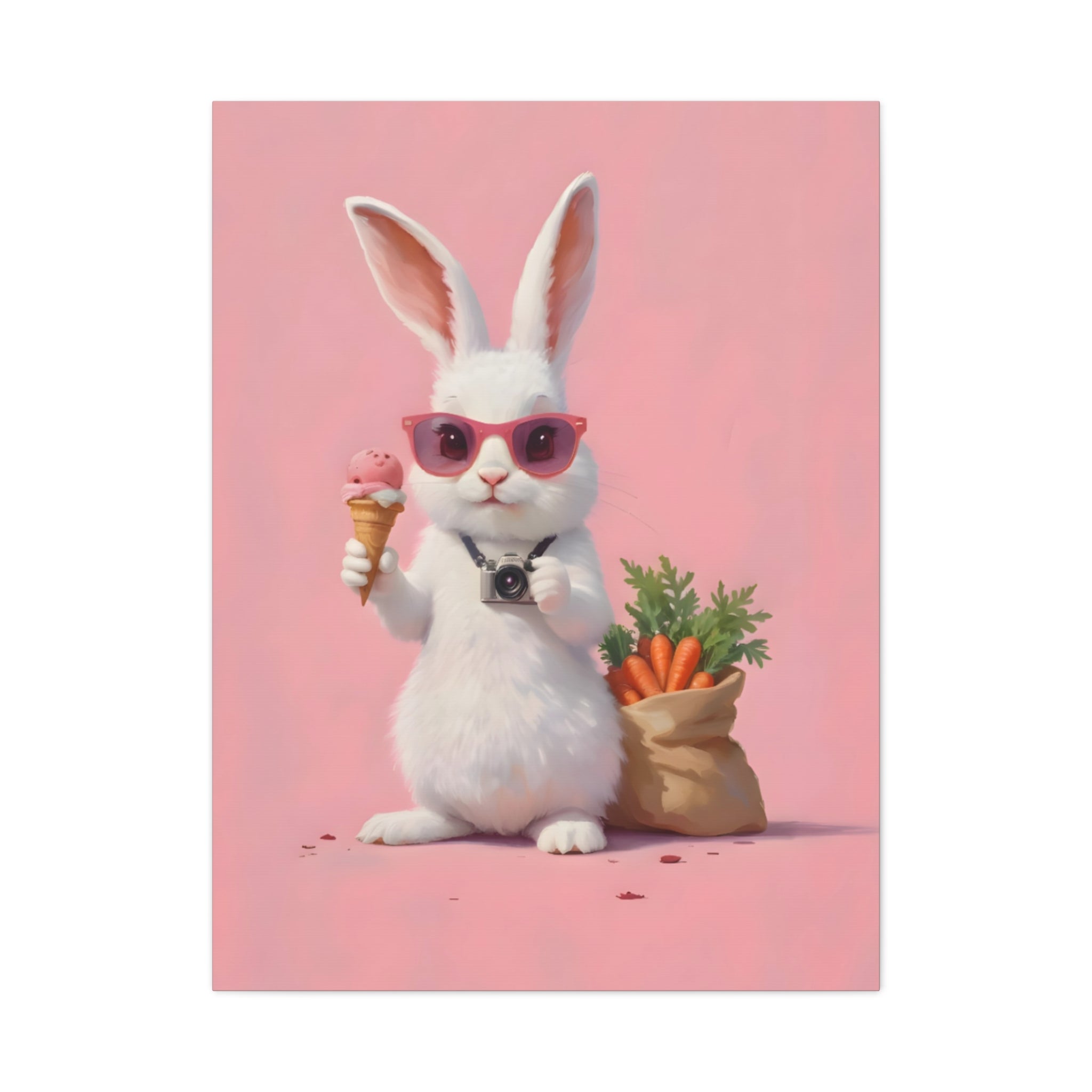 Pink Cute Bunny Canvas Wall Art — Cool Rabbit with Sunglasses, Ice Cream & Carrots (Matte Stretched)