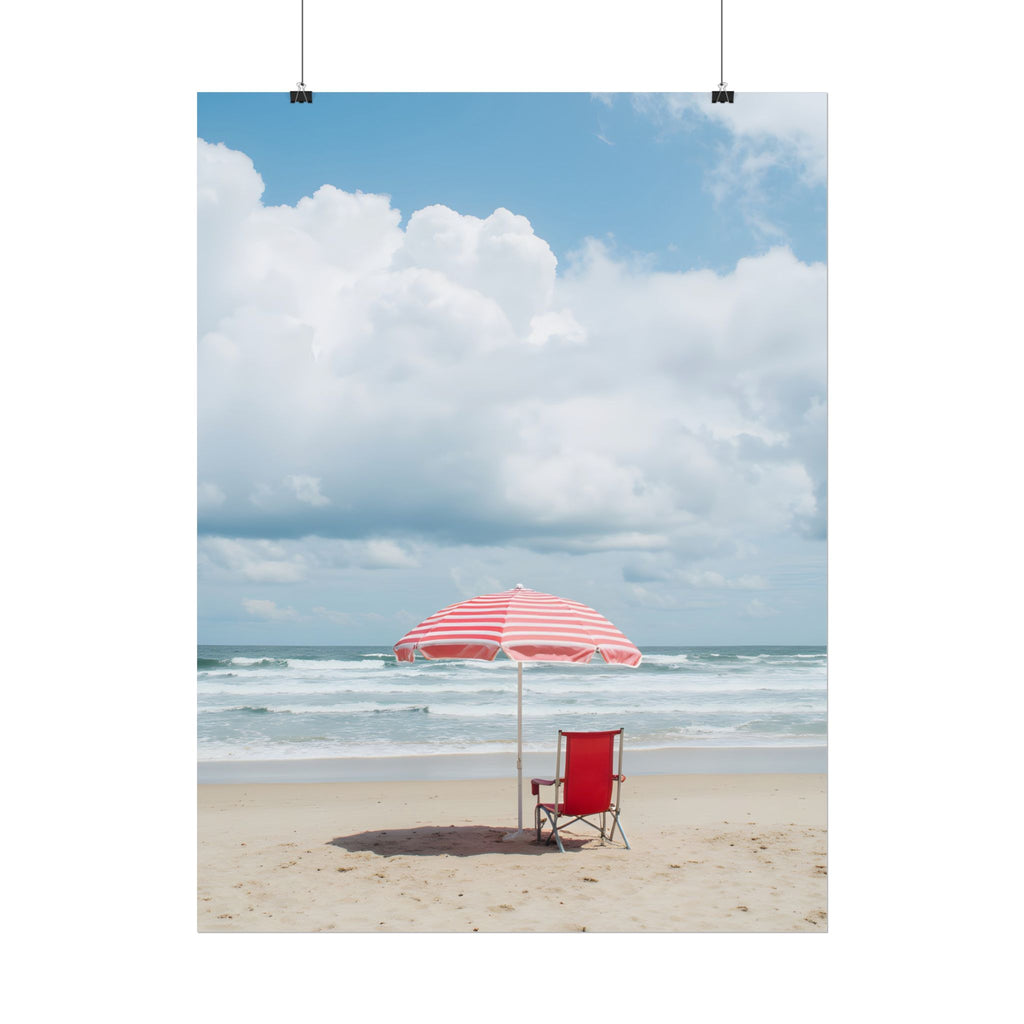 Sun-drenched beach memory with beach chair and umbrella - Poster