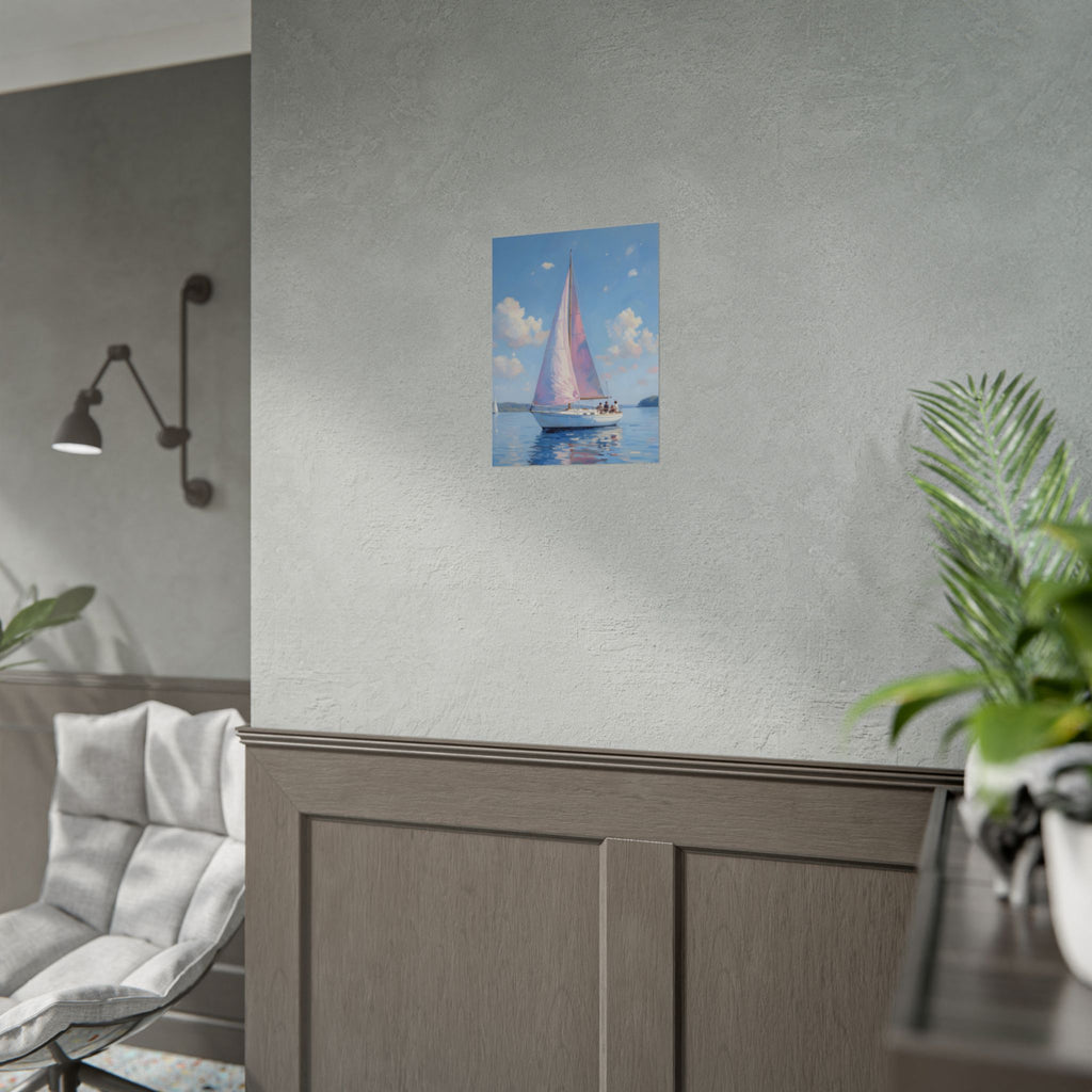 Segelboot auf ruhigem Wasser mit rosa Akzenten - Poster 