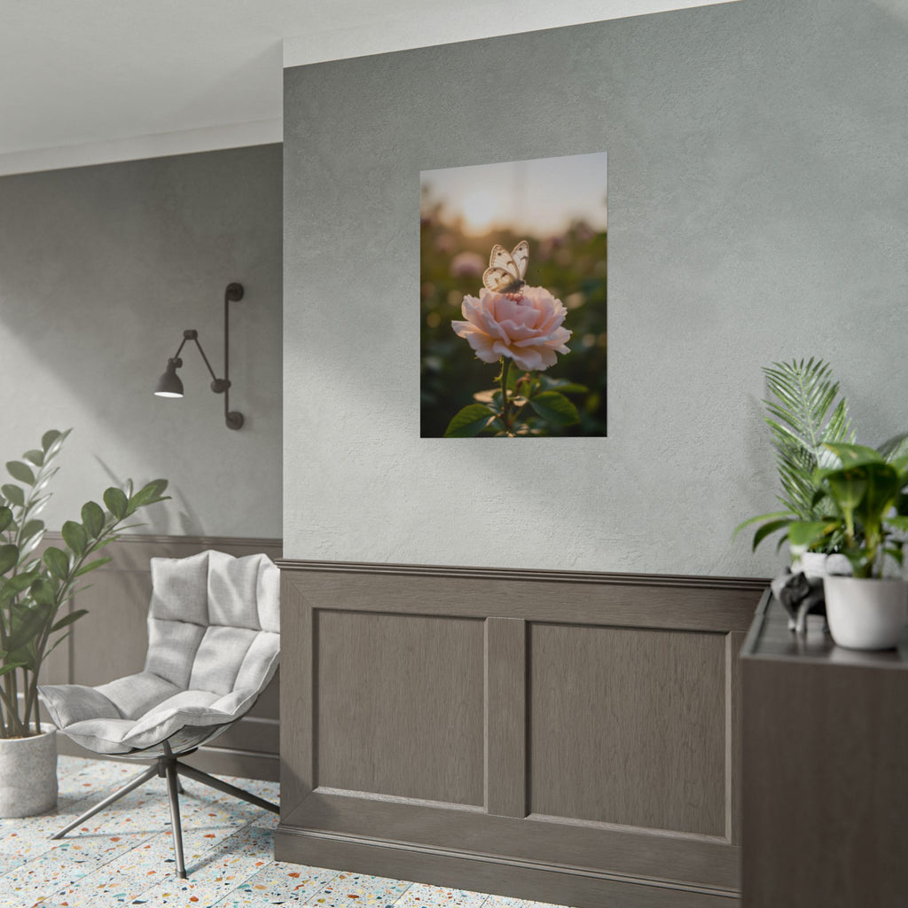 Muurposter met vlinder op roze roos 