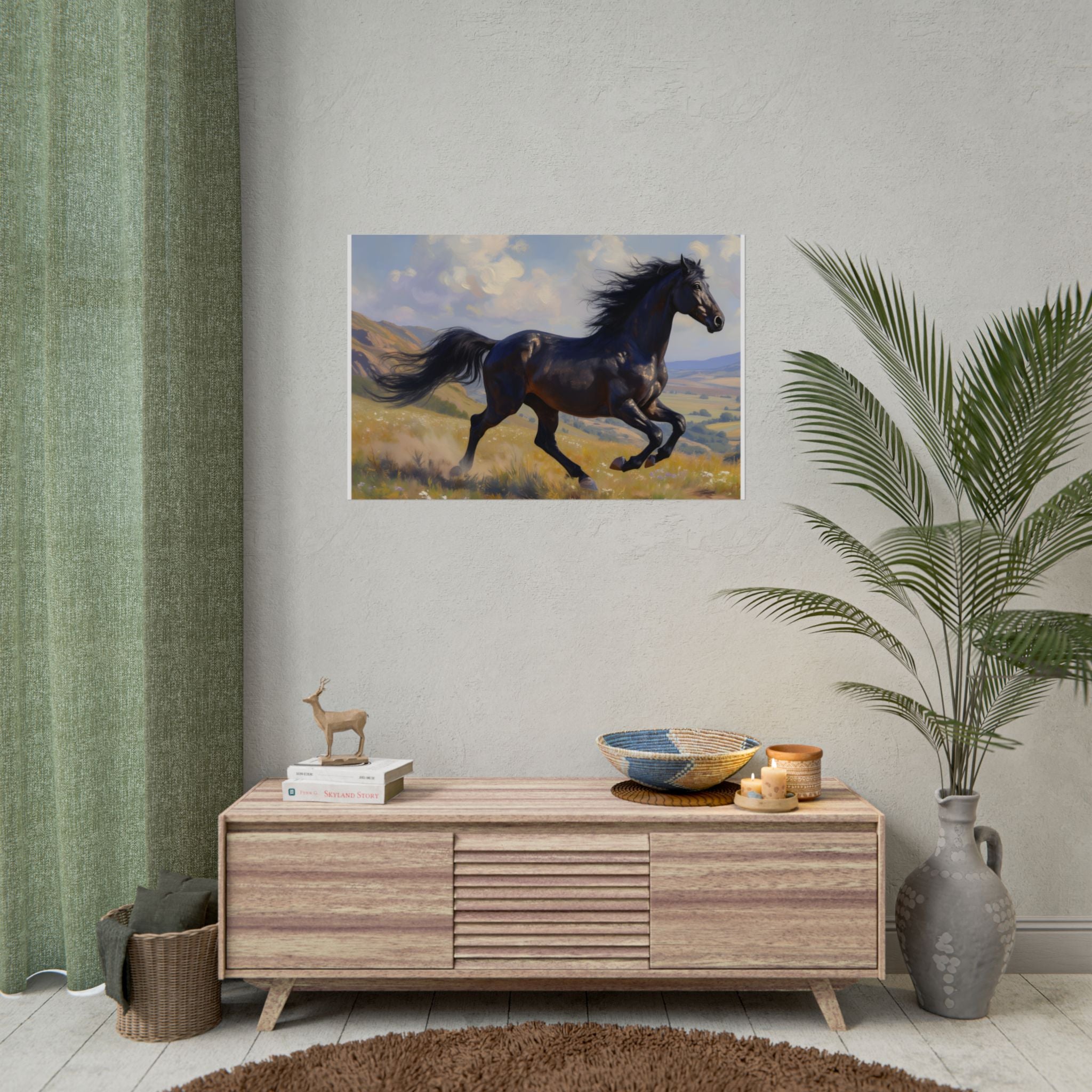 Muurdecoratie met rennende zwarte hengst - Paardenschilderij - Poster 