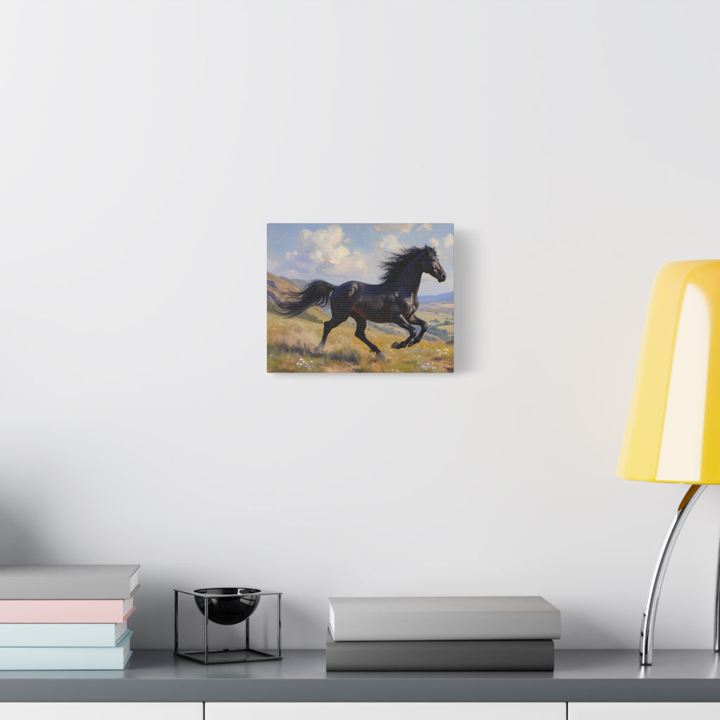 Muurdecoratie met een rennende zwarte hengst - Paardenschilderij - Gespannen canvas 