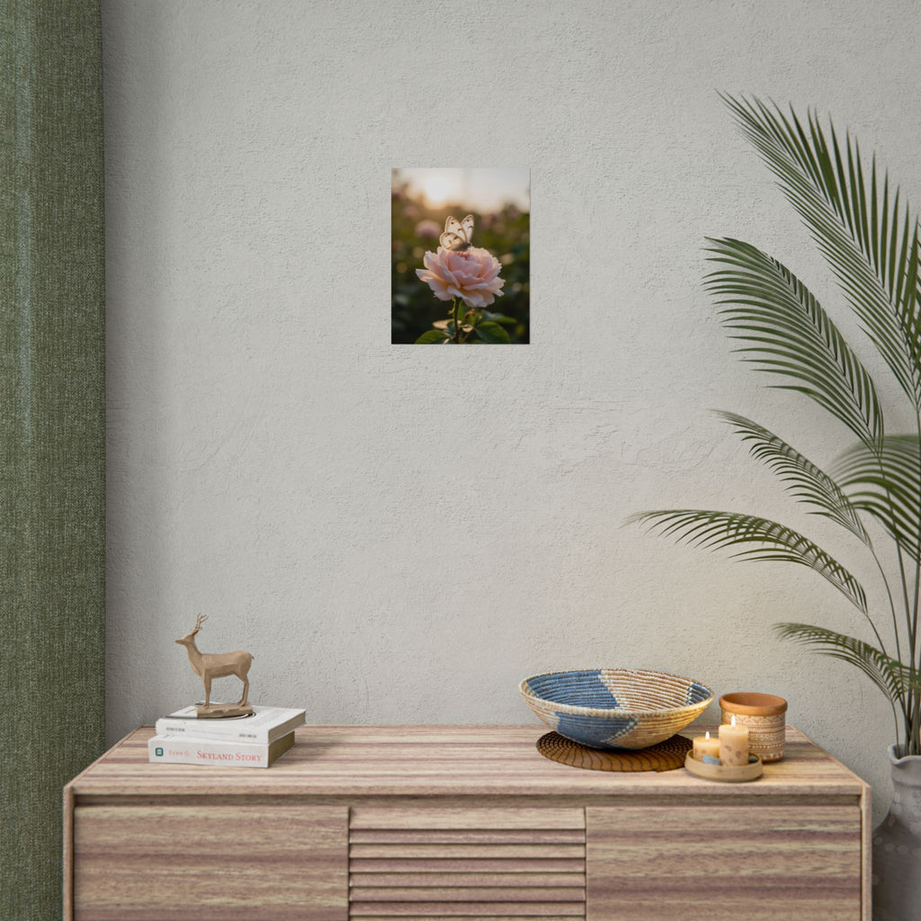 Muurposter met vlinder op roze roos 