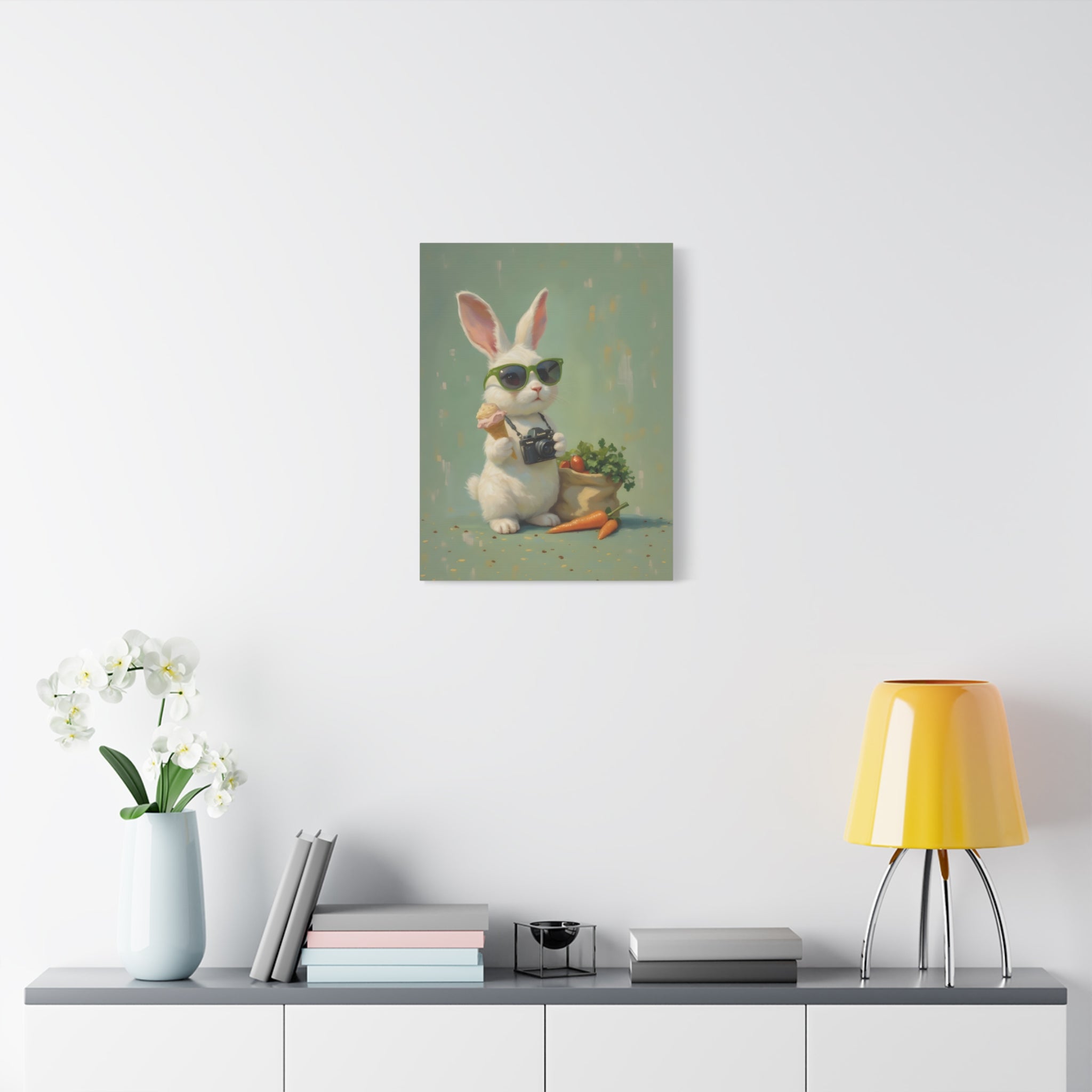 Green Bunny Canvas Wall Art — Photographer Bunny with Carrots & Ice Cream