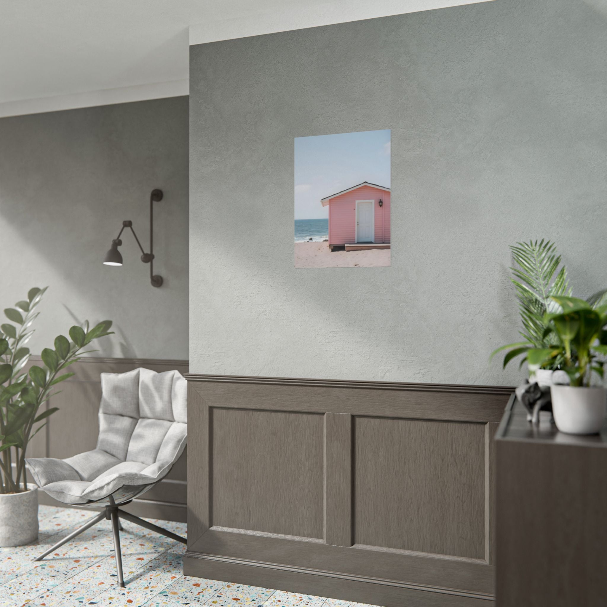 Roze strandhuisje als muurdecoratie - Poster 