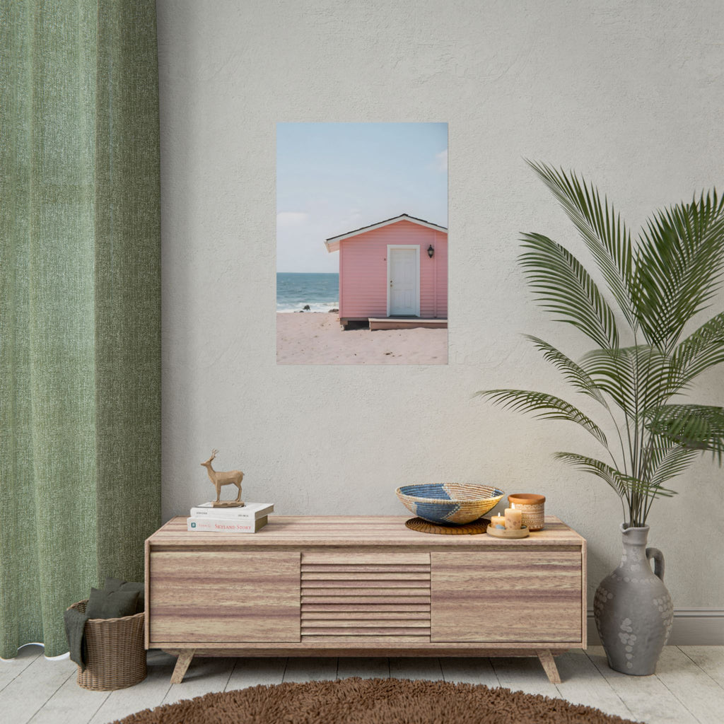Roze strandhuisje als muurdecoratie - Poster 