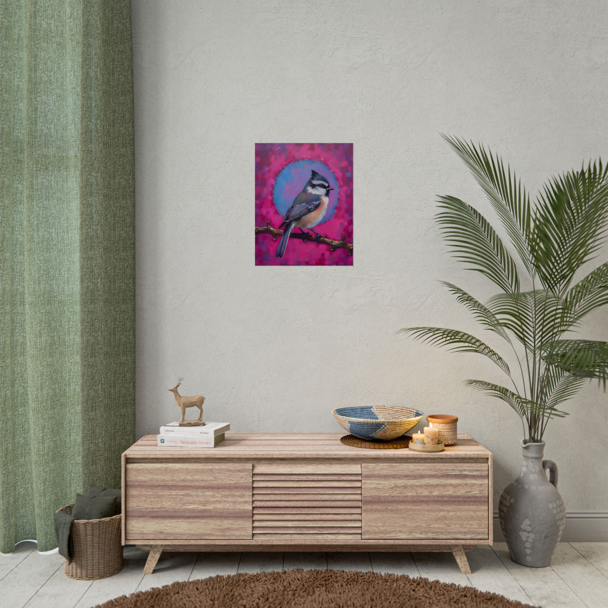 Colorful Songbird Poster — Blue Jay Art Print on Vibrant Pink Background