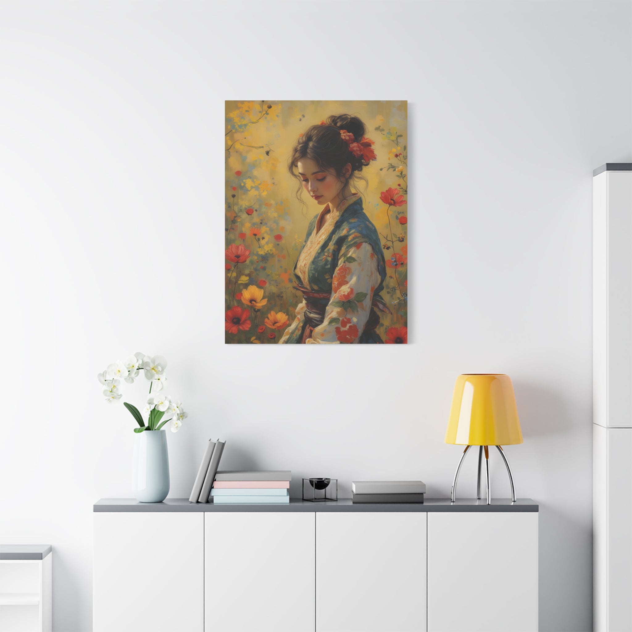 Asiatische Blumen-Dame, matte Leinwand-Wandkunst