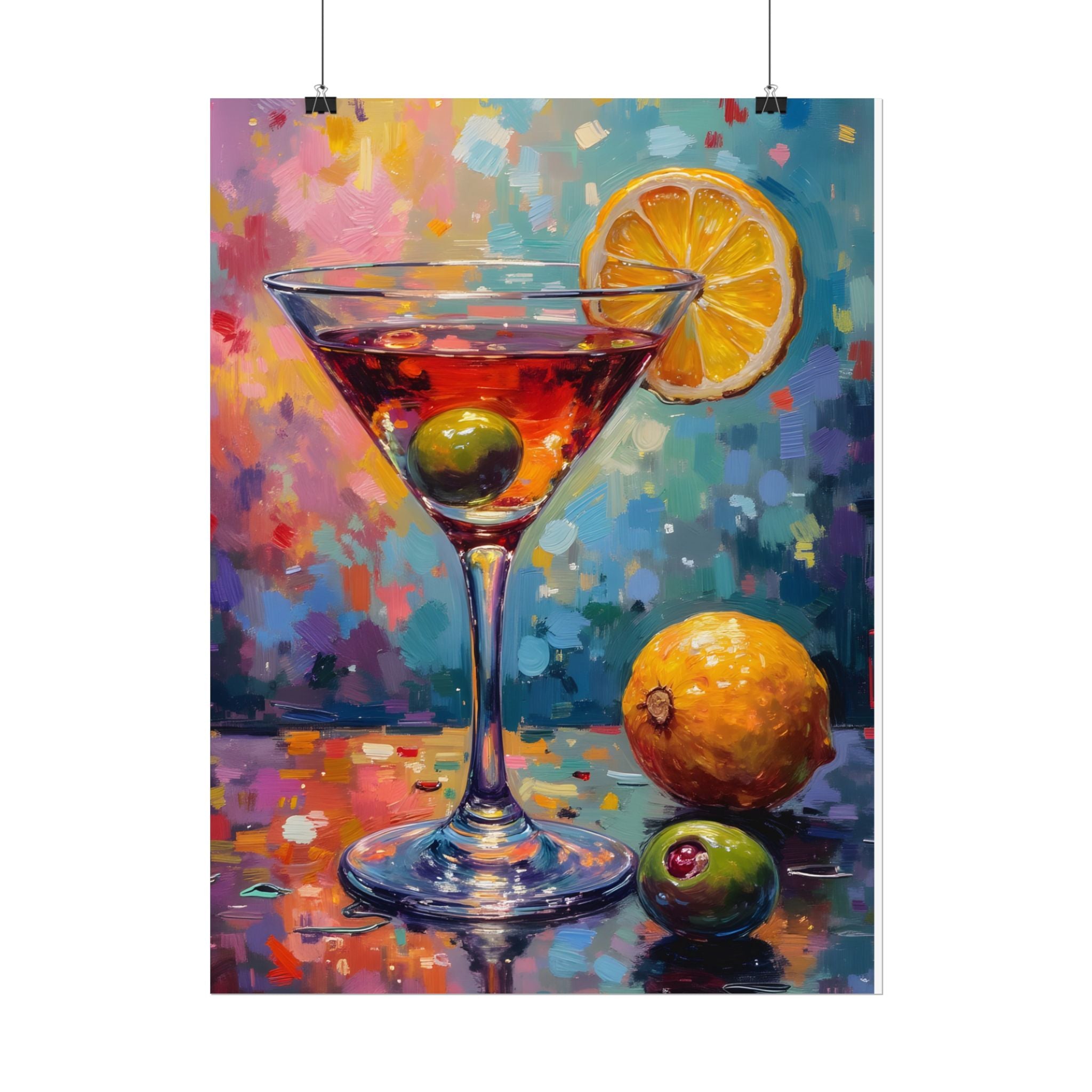 Buntes Martiniglas mit Zitrone und Olive – Wandbild/Poster 