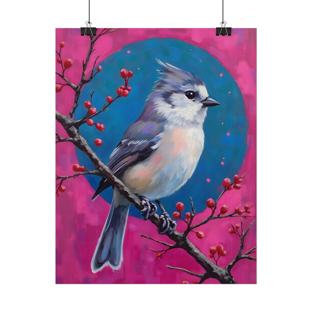 Kunstposter „Blauhäher“ – Lebendige Vogelillustration auf rosa-türkisfarbenem Hintergrund