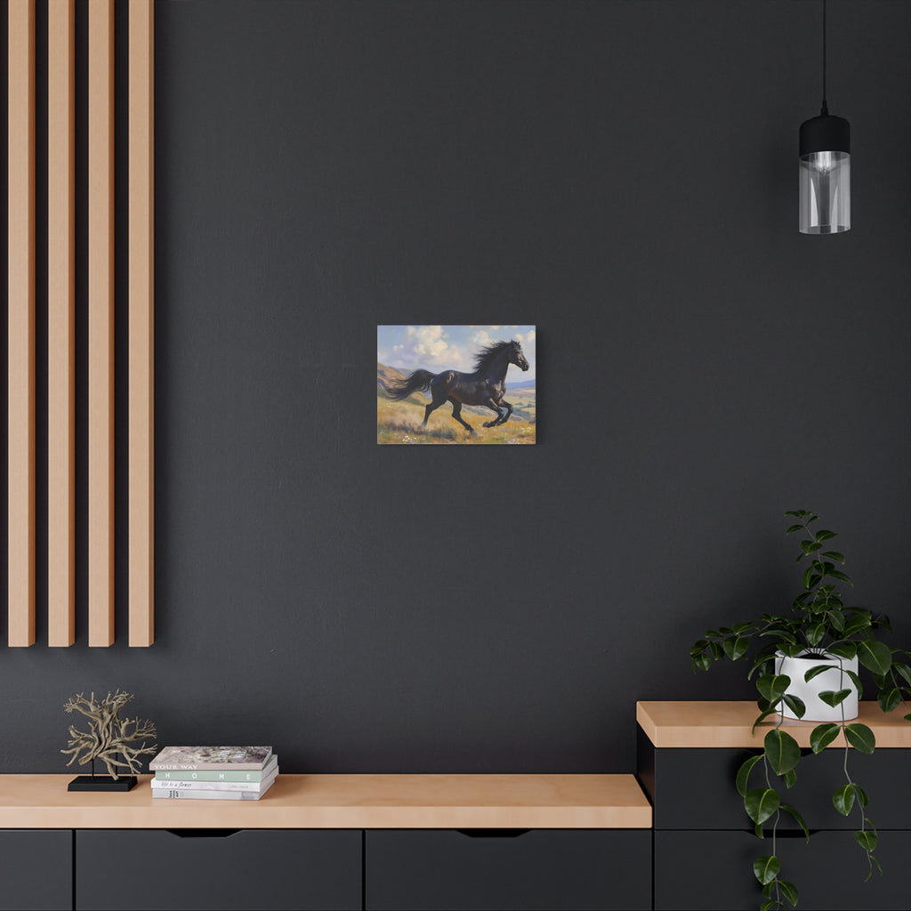 Muurdecoratie met een rennende zwarte hengst - Paardenschilderij - Gespannen canvas 