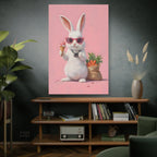 Pink Cute Bunny Canvas Wall Art — Cool Rabbit with Sunglasses, Ice Cream & Carrots (Matte Stretched)