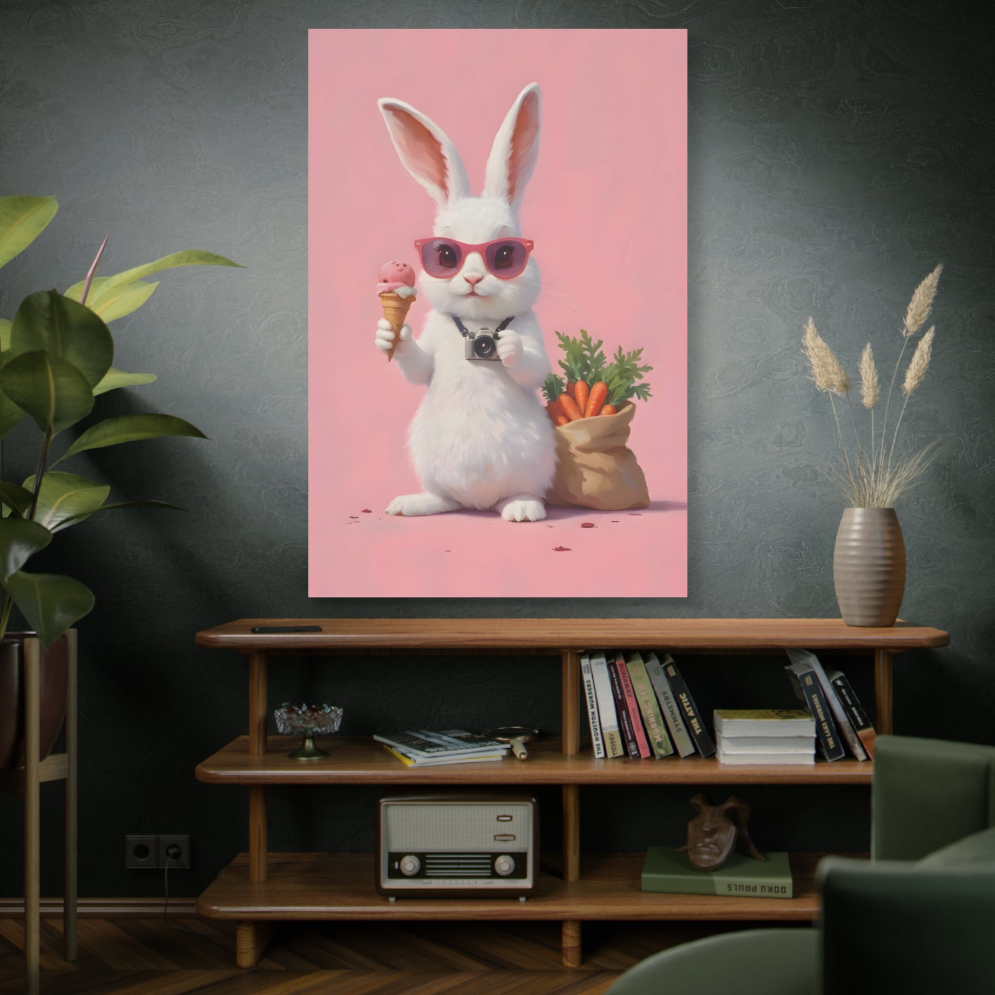 Pink Cute Bunny Canvas Wall Art — Cool Rabbit with Sunglasses, Ice Cream & Carrots (Matte Stretched)