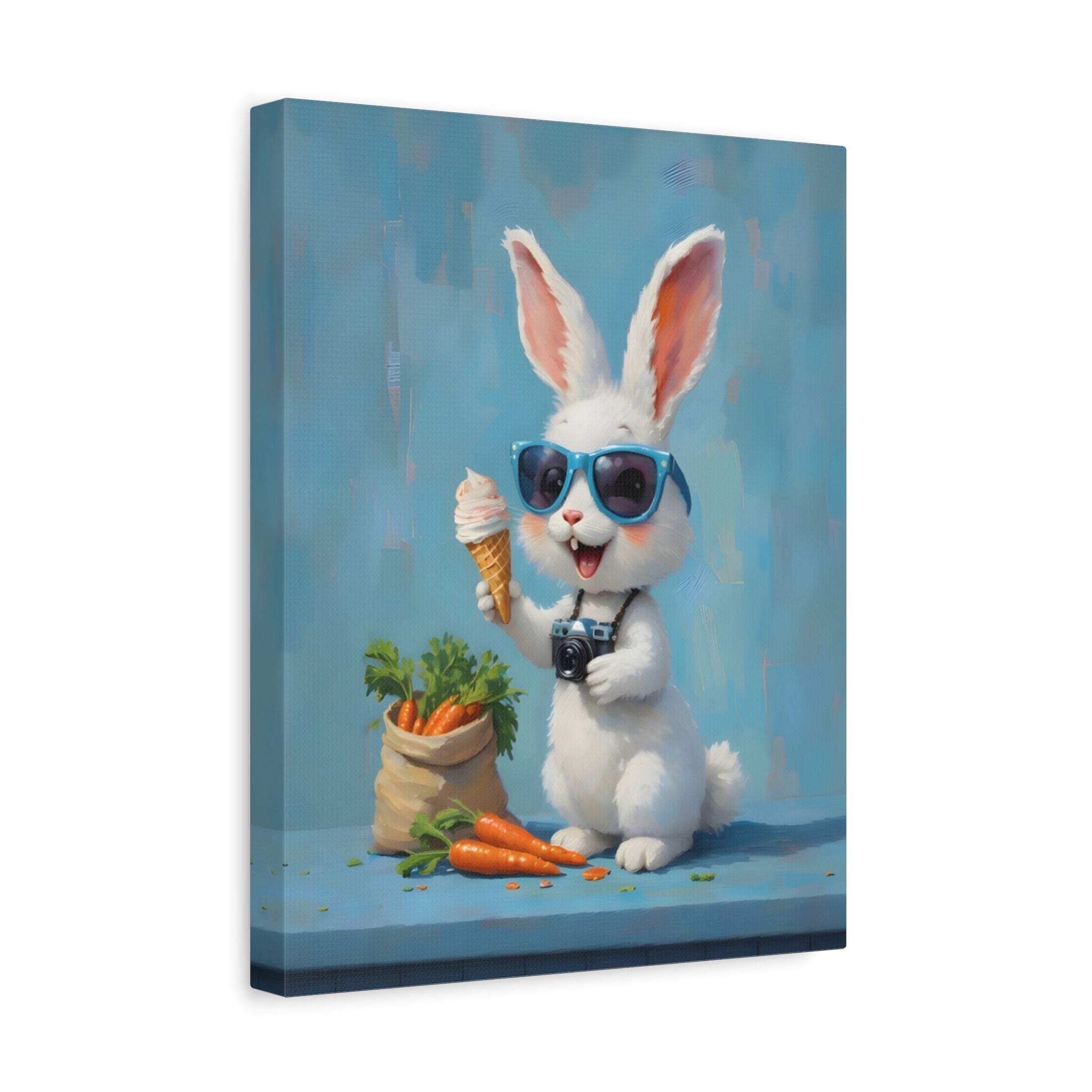 Blue Bunny Canvas Print — Cute Rabbit with Sunglasses & Ice Cream Matte Wall Art