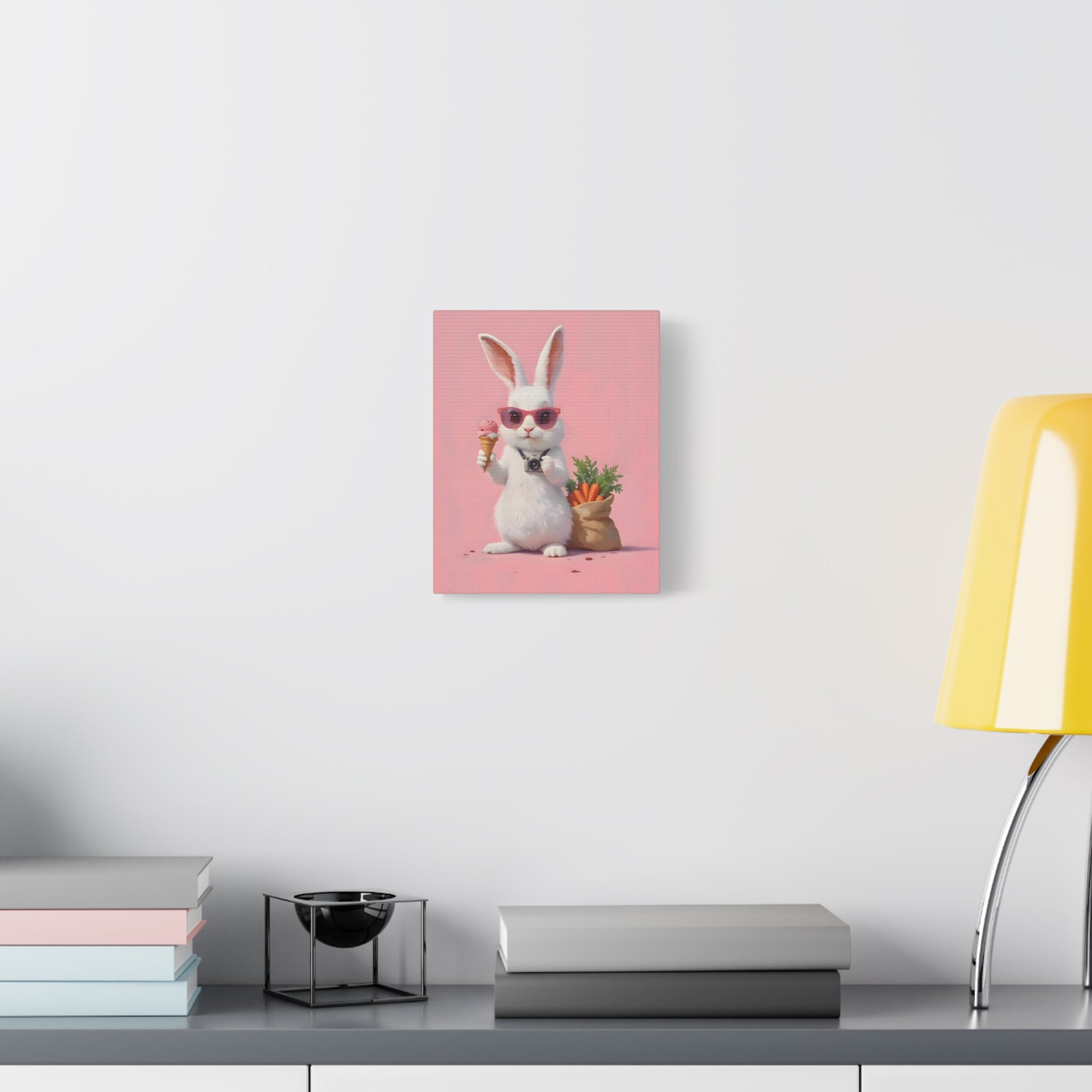 Pink Cute Bunny Canvas Wall Art — Cool Rabbit with Sunglasses, Ice Cream & Carrots (Matte Stretched)