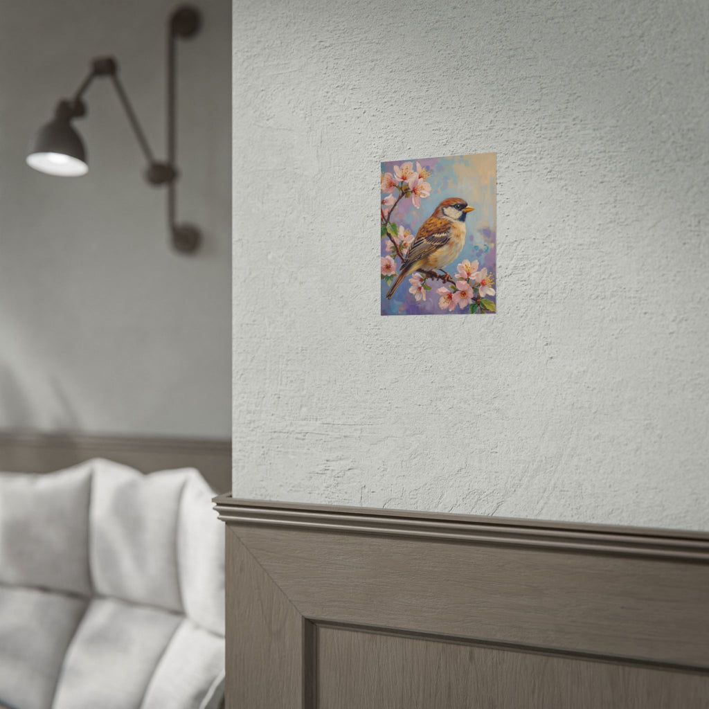 Bird on Blossom Rolled Poster — Spring Sparrow on Branch Wall Art Print