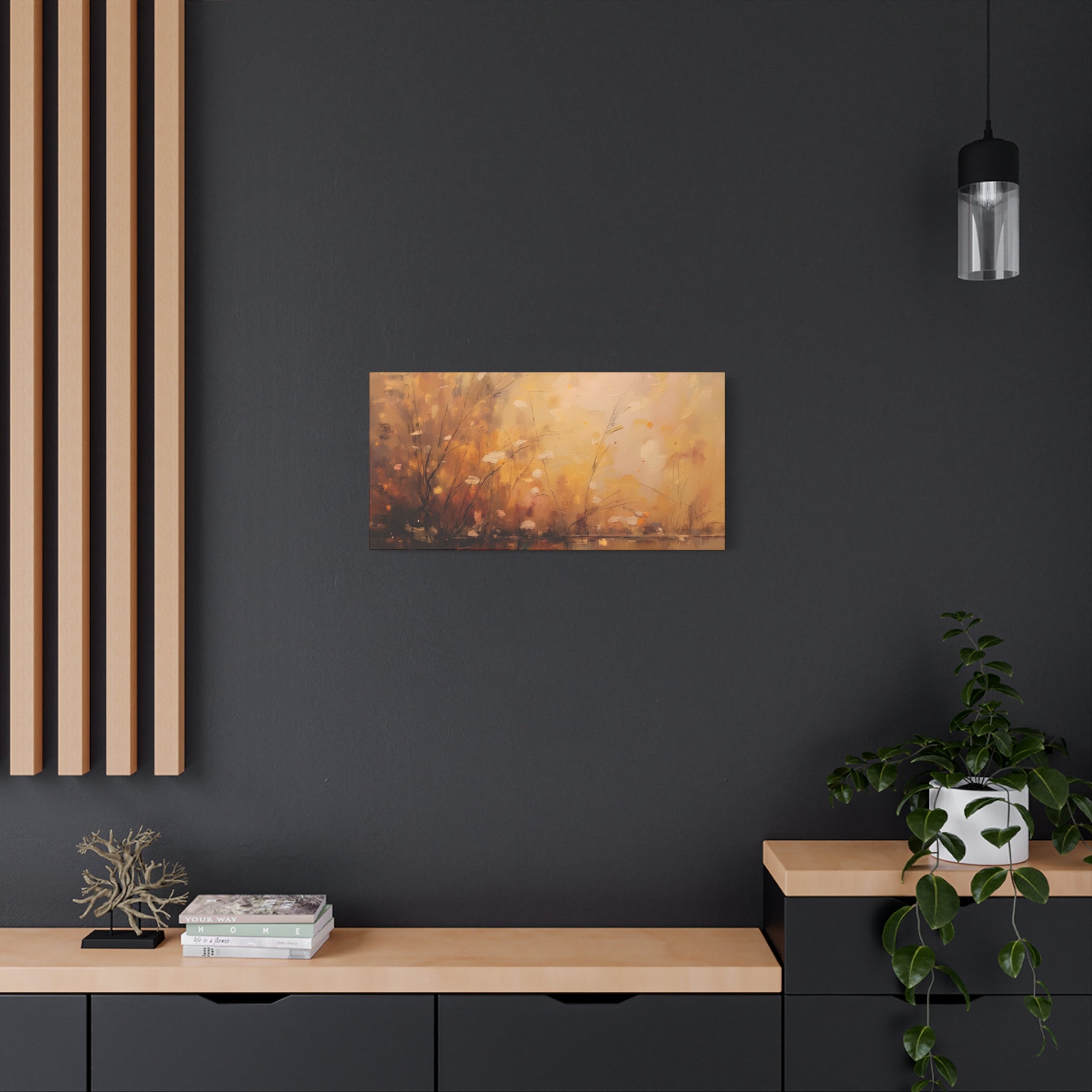 Abstracte muurdecoratie met gouden weidemotief - opgespannen canvas 