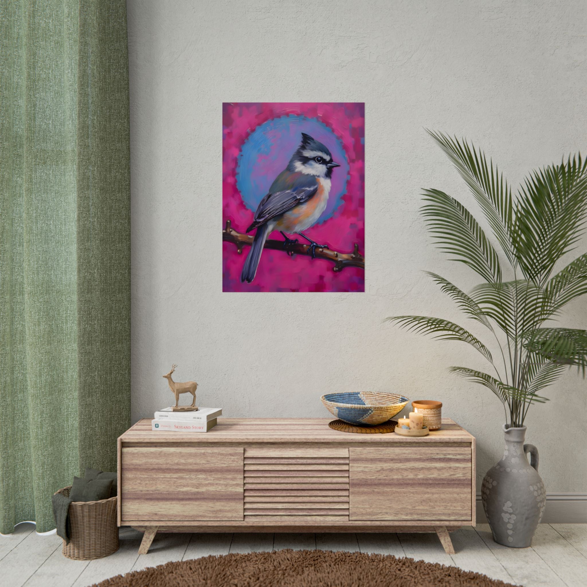 Colorful Songbird Poster — Blue Jay Art Print on Vibrant Pink Background