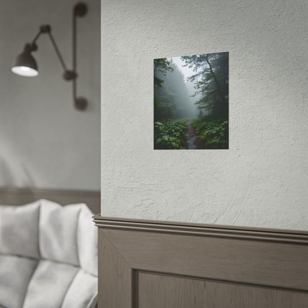 Muurdecoratie met een mistig bospad - Poster 