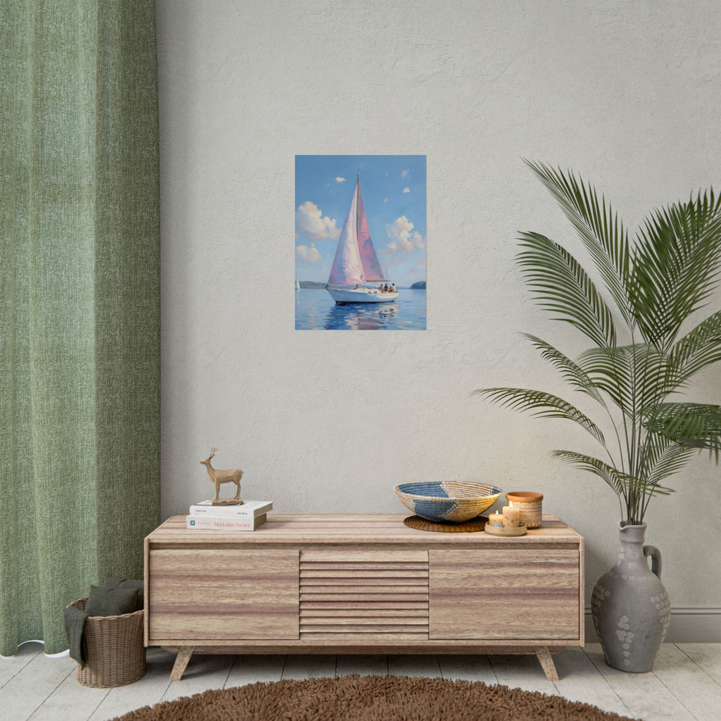Zeilboot op kalm water met roze accenten - Poster 