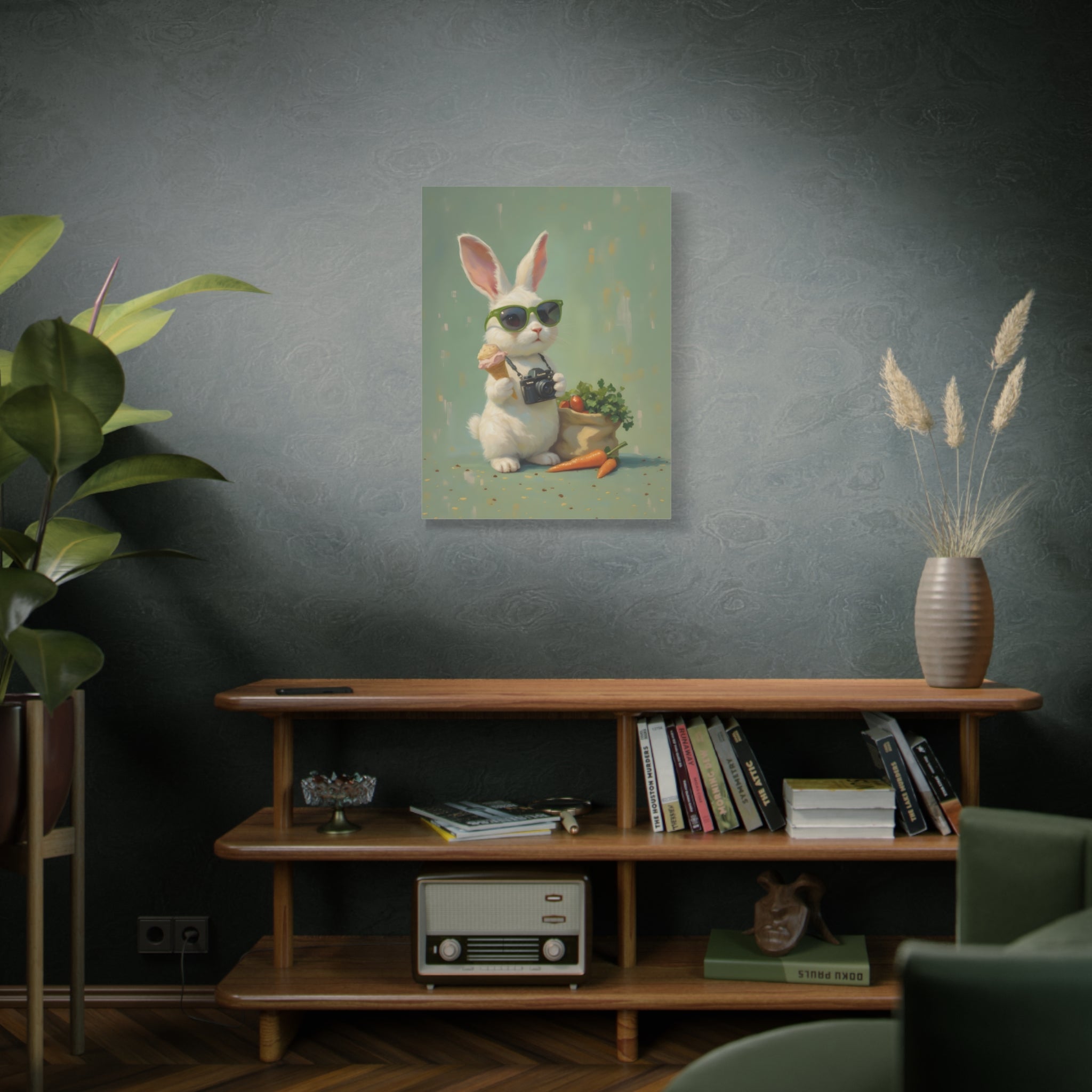 Green Bunny Canvas Wall Art — Photographer Bunny with Carrots & Ice Cream