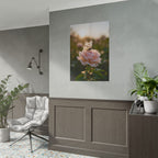 Muurposter met vlinder op roze roos 