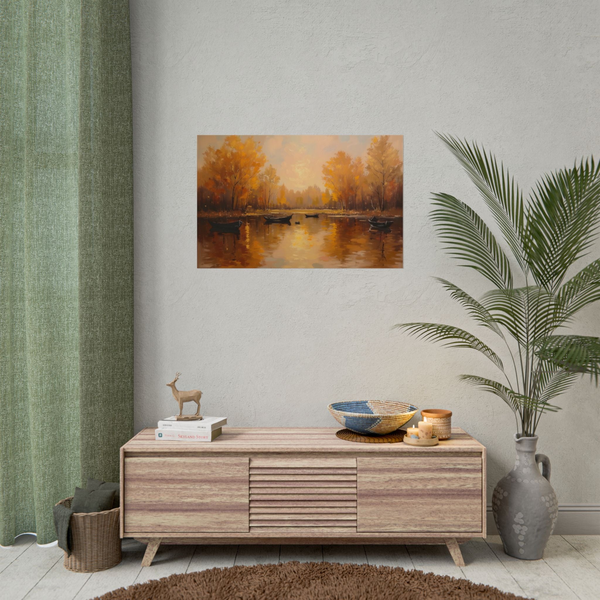 Herfst aan het meer met roeiboten - Poster 