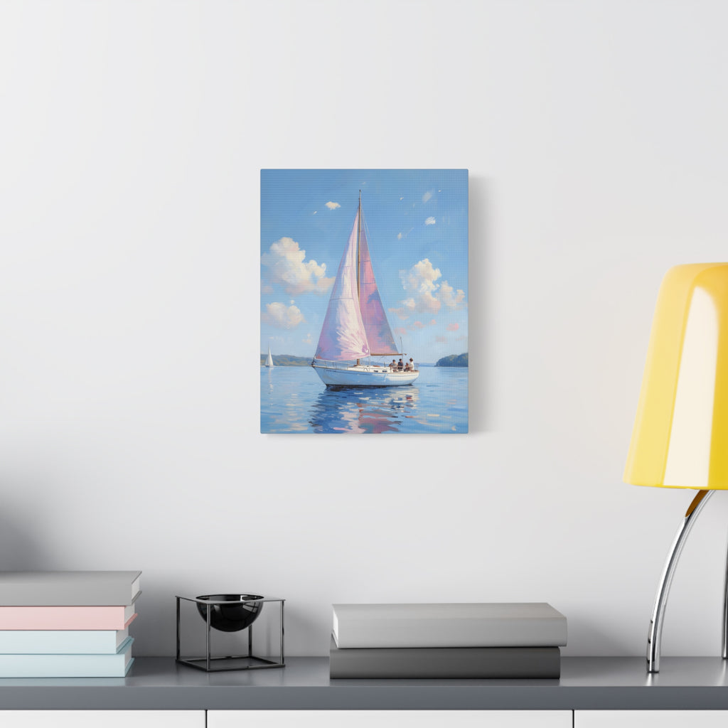 Zeilboot op kalm water met roze accenten - Muurdecoratie - Gespannen canvas 
