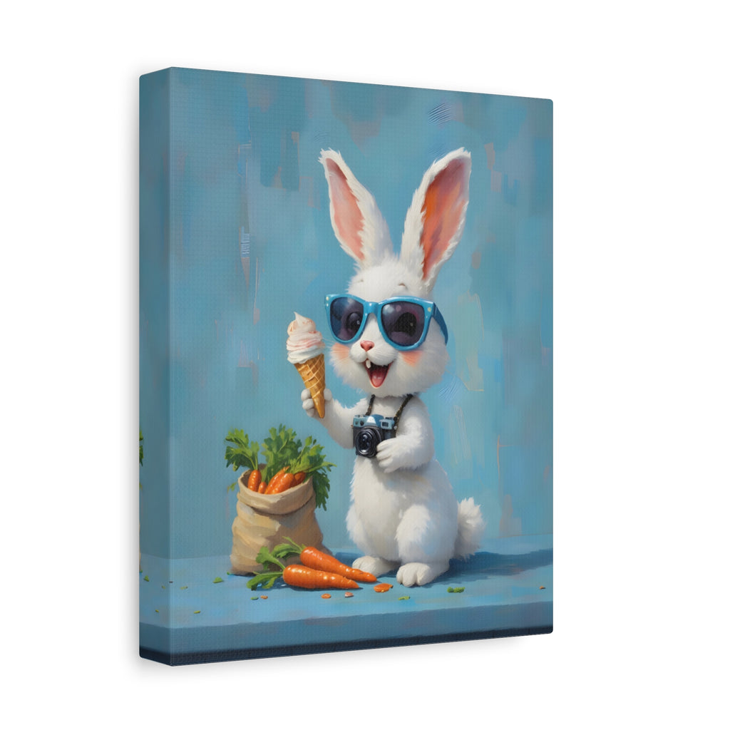 Blue Bunny Canvas Print — Cute Rabbit with Sunglasses & Ice Cream Matte Wall Art