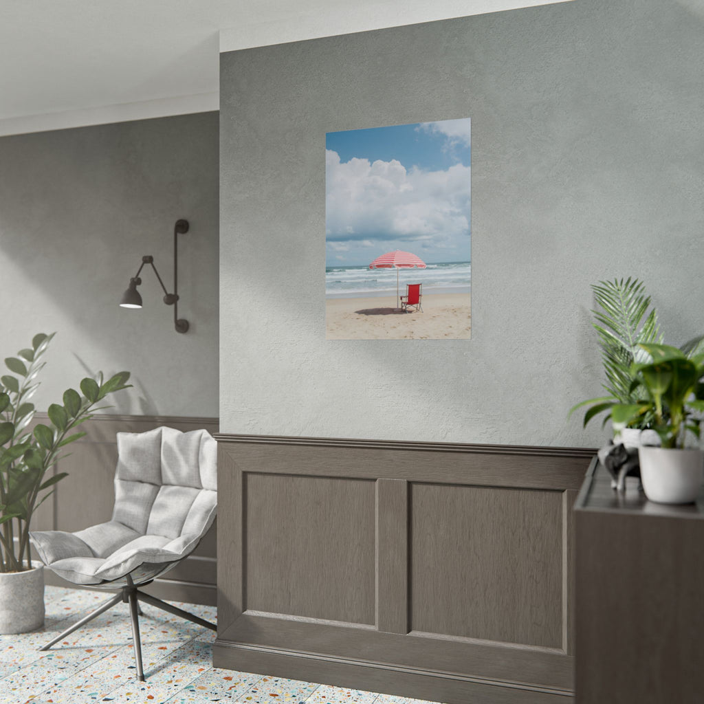 Sun-drenched beach memory with beach chair and umbrella - Poster