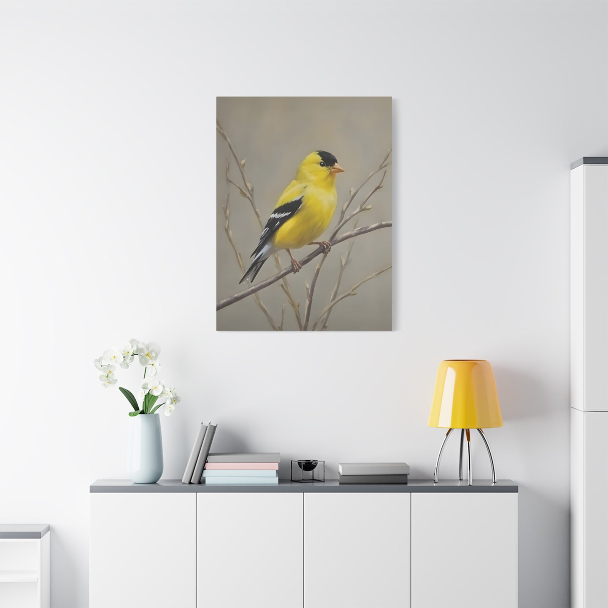 Goldfinch Wall Art Canvas — Yellow Songbird Painting on Branch, Matte Stretched Canvas