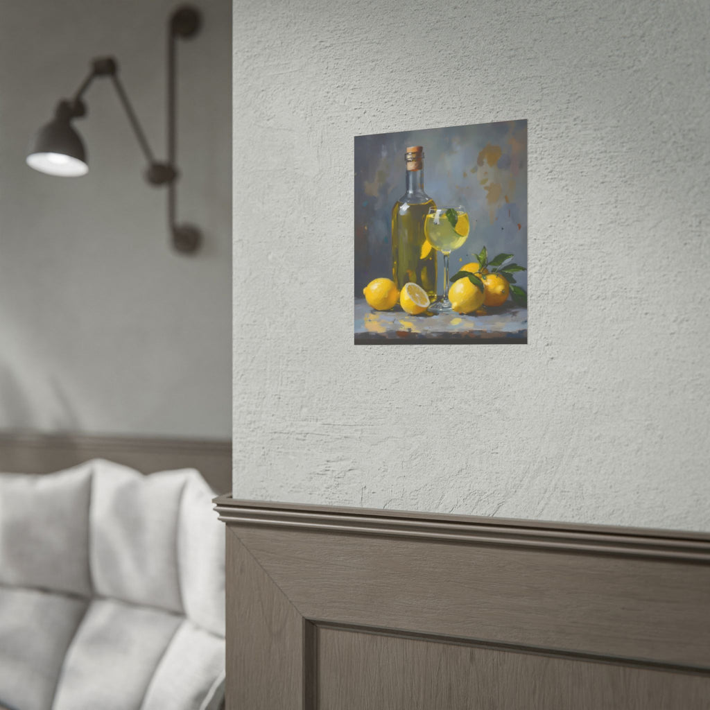 Limoncello with lemons Still Life Rolled Poster – Citrus Bottle Art Print