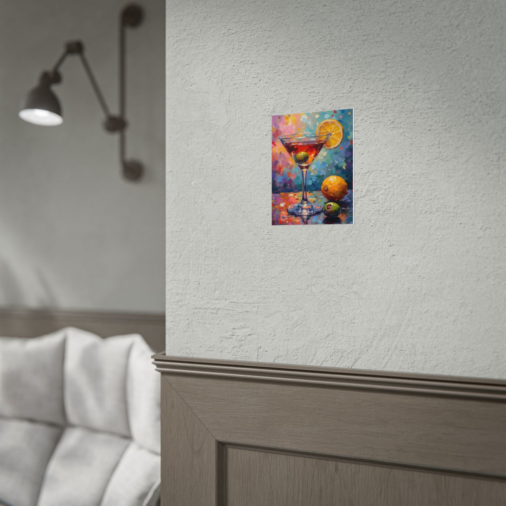 Buntes Martiniglas mit Zitrone und Olive – Wandbild/Poster 